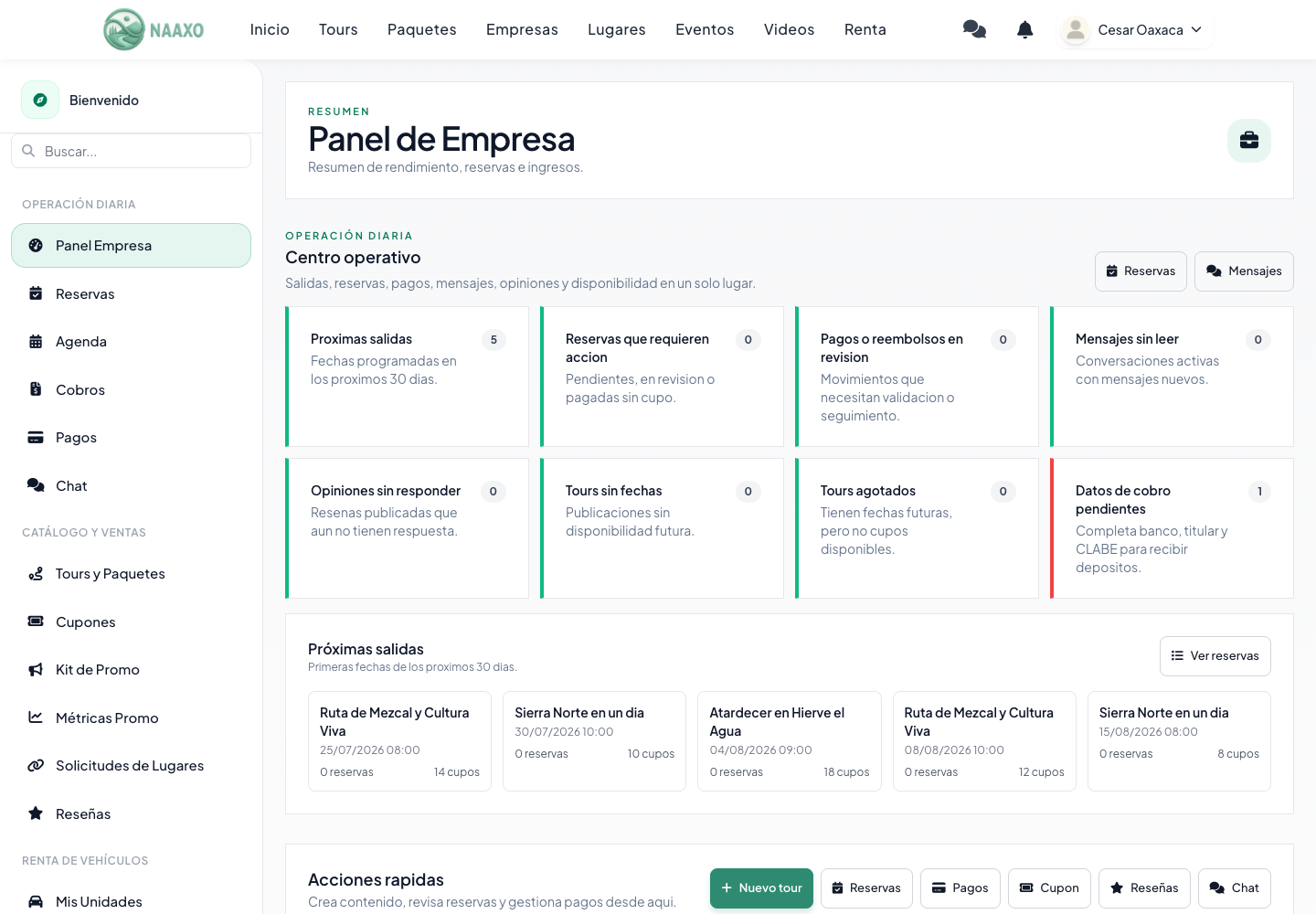 Panel real de empresa en Naaxo con próximas salidas y accesos operativos